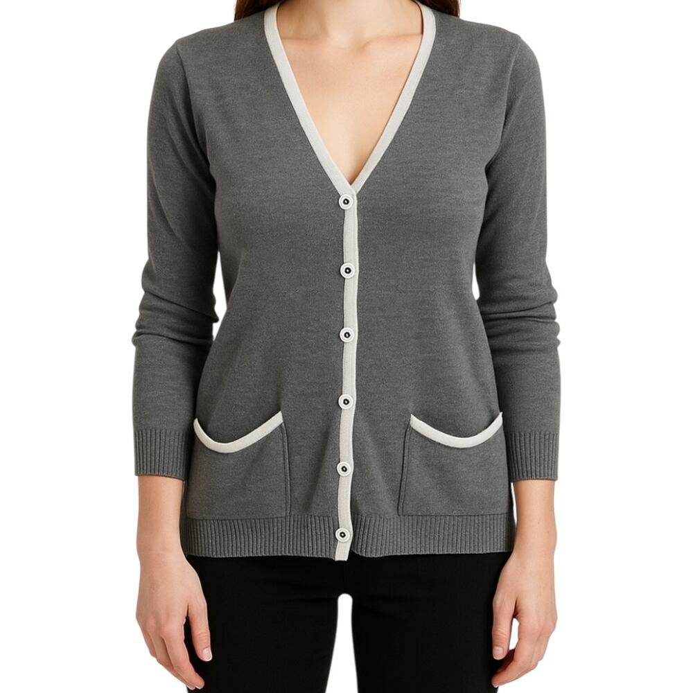St. John Santana Knit Cardigan Sweater Button Down Pockets Trim Gray Medium